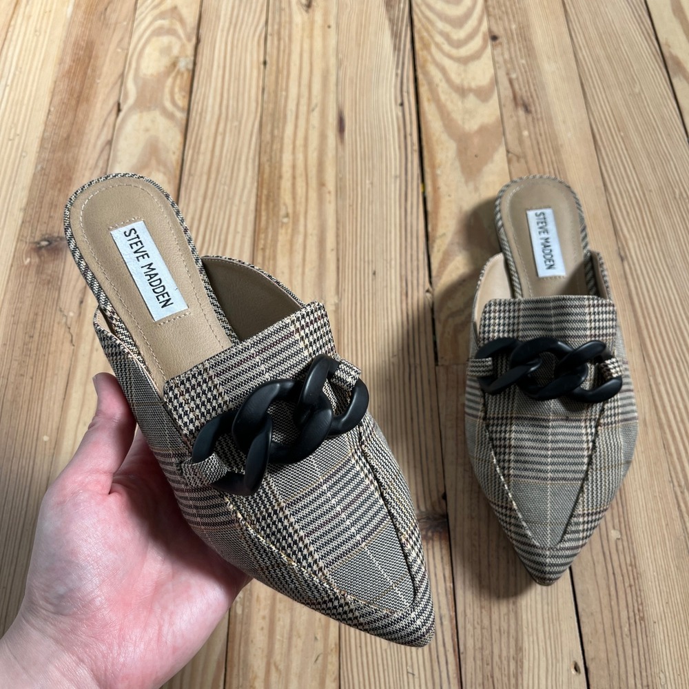 Steve Madden Fleur Mules Womens 8M Tan Plaid Pointed Toe Chain Link Flats preppy